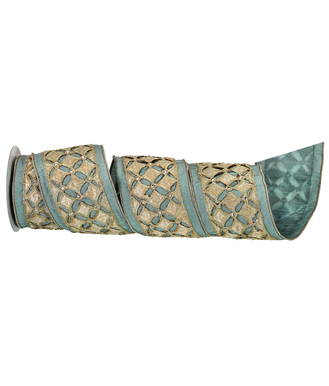 Contemporary Home Living Gold and Green Jeweled Diamond Dupioni Christmas Wired Ribbon 4" x 5 Yards